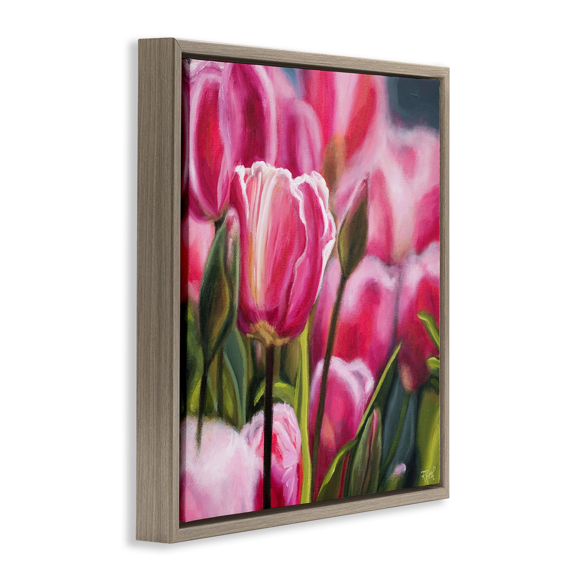 Stupell Industries Pink Tulips Garden Plants & Flowers Painting Brown Floater Framed Canvas Art Print Wall Art, 18 x 18