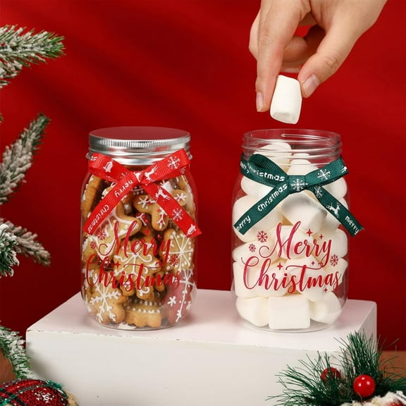 24 Set 12oz Christmas Mason Jars Christmas Candy Jars with Lids Ribbons Print Pattern Clear Plastic Cookies Containers for Gifts, Storage, DIY Crafts, Xmas Decoration Party Favors(Xmas)