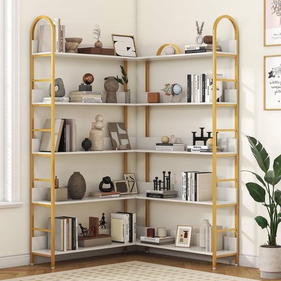 L-Shape Corner Bookcase, Metal Frame 5-Tier Corner Bookshelf for Living Room, Modern Display Shelves Living Room Furniture, White & Gold