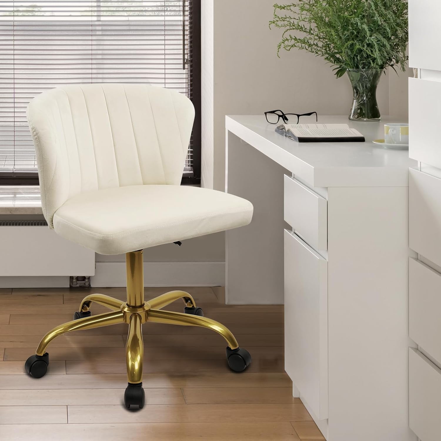 CLATINA Home Office Desk Chair Velvet Vanity Chairs Gold Base, Ergonomic Small Cute Chair Adjustable Height with Wheels Rolling Armless Chair Swivel Task Chair for Study Living Room Bedroom, White
