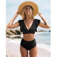 thumbnail image 2 of Traje de baño de dos piezas con cintura alta y volantes para mujer, bikini push up con estampado tropical, 2 of 6