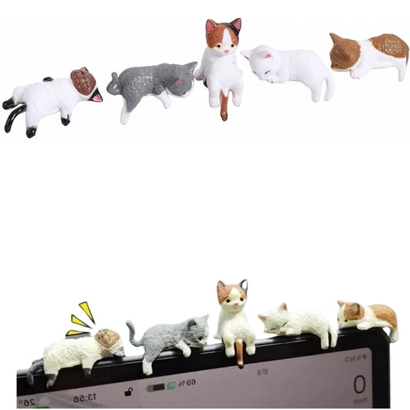 Cute Mini Cat Figurines – Resin Cat Decor for Computer Monitor & Car Dashboard, Small Desk Accessories for Home Office, Monitor Figurines (RL 5 PCS)