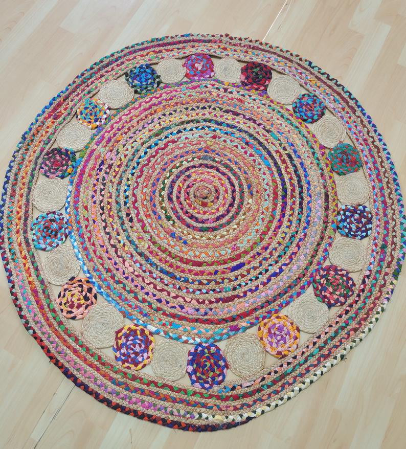 Indian Colorful Round Rug Hand Knotted, 48 Inch Round Rug