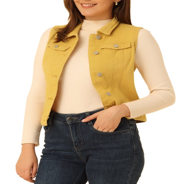 Allegra K Women‘s Washed Chest Flap Pockets Single Breasted Denim Vest Jacket