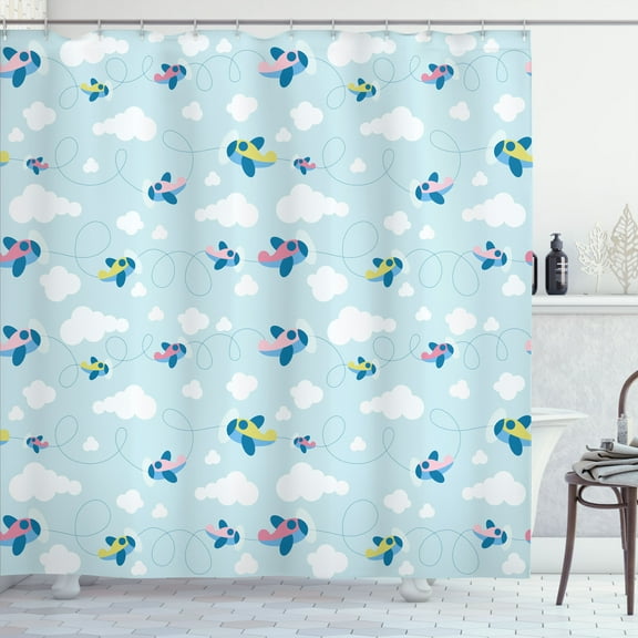 Ambesonne Plane Shower Curtain, Cartoon Sky Planes Clouds, 69"Wx84"L, Pale Blue White Pink