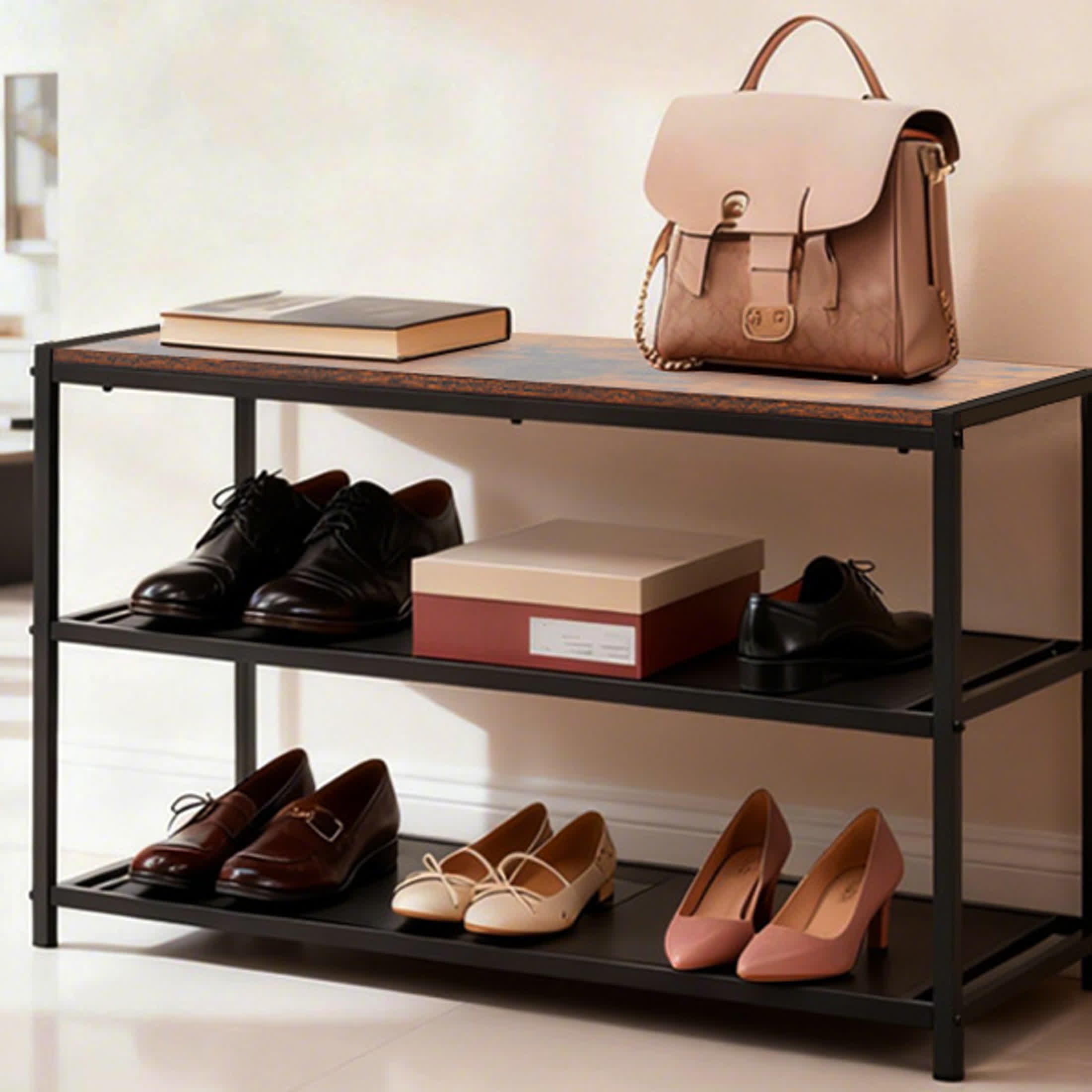 edx Shoe Rack Bench, 3-Tier Industrial Shoe Storage Organizer, 28.3inches Entry Bench with Mesh Shelves for Living Room, Entryway, Rustic Brown