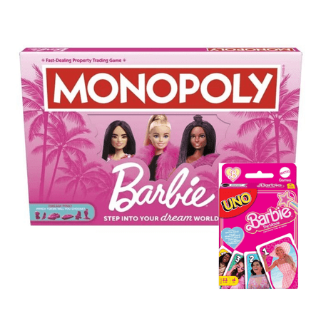 Monopoly Barbie Edition Board Game and UNO Barbie Game Set 2-6 Players, Age 8 and Up