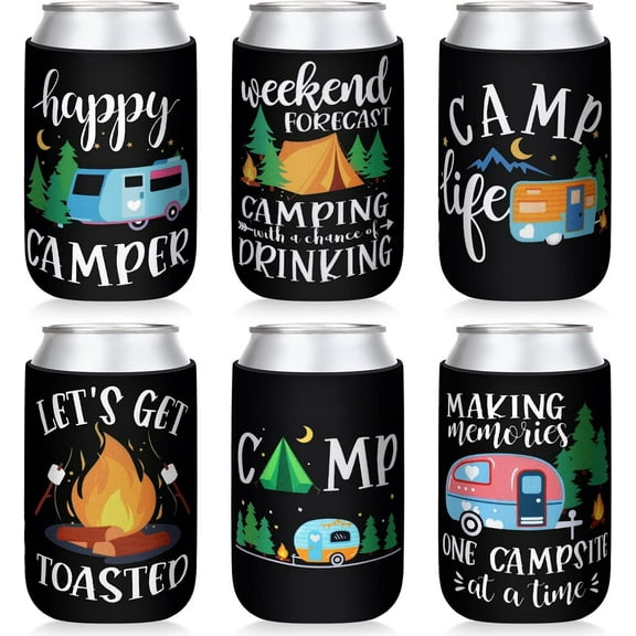 Happy Camper Party Can Sleeves Soda Can Beverage for Camping Picnic Outdoor Activities Supplies Set of 12 for Camping Theme Birthday Party Decoration Supplies