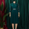 thumbnail image 3 of AURA Womens Elegant Lace Hollow Out Pleated Midi Dress High Waist Belted 3 4 Lantern Sleeve, 3 of 9