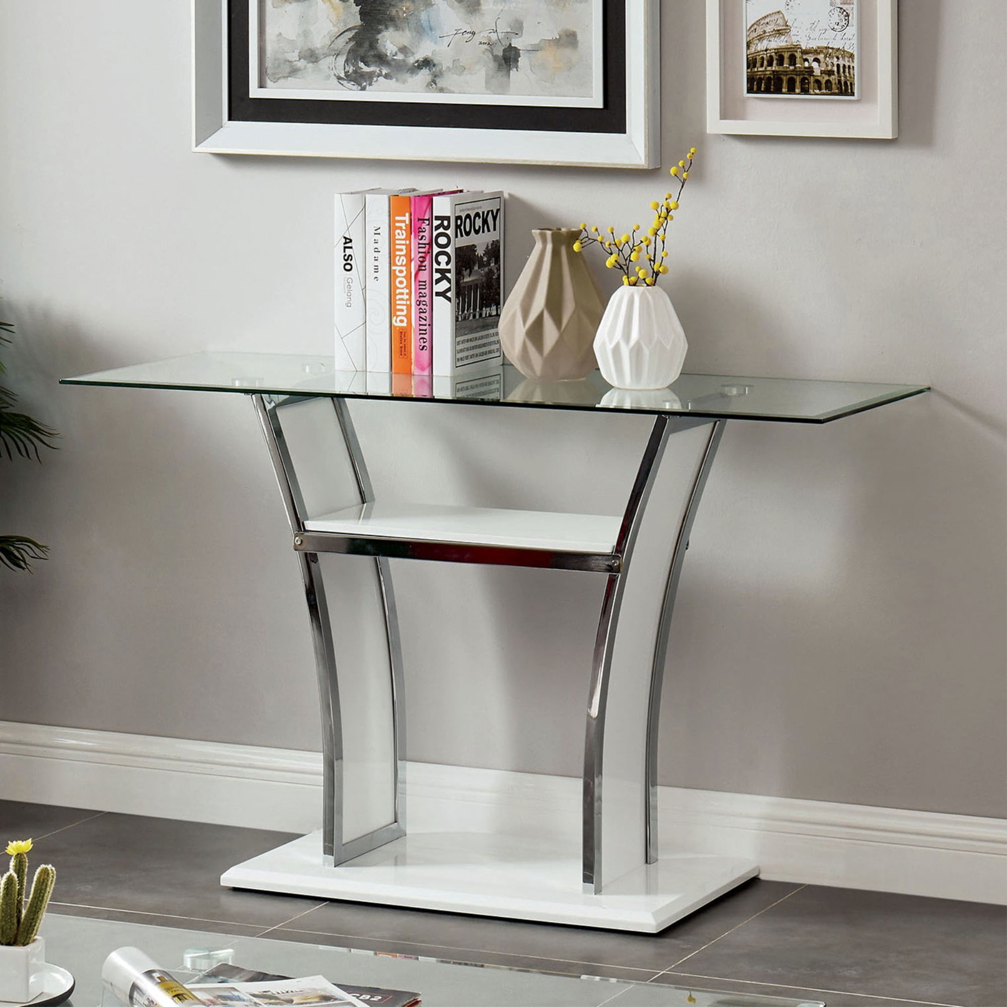 white and chrome sofa table