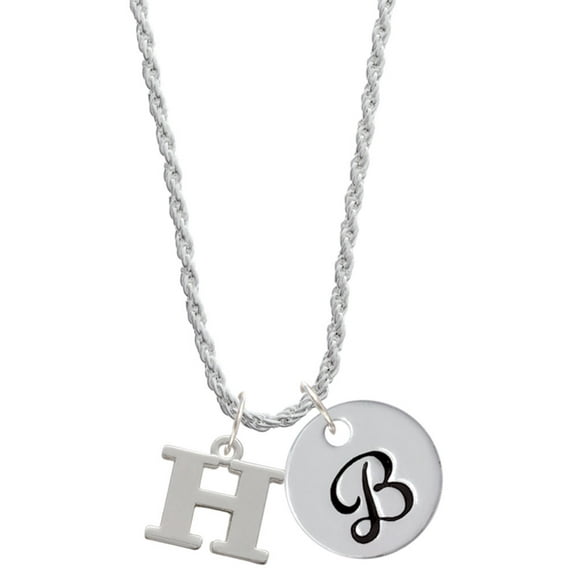 Delight Jewelry Silvertone Large Initial - H - Silvertone Script Initial Disc - B - Charm Necklace, 20"+3"