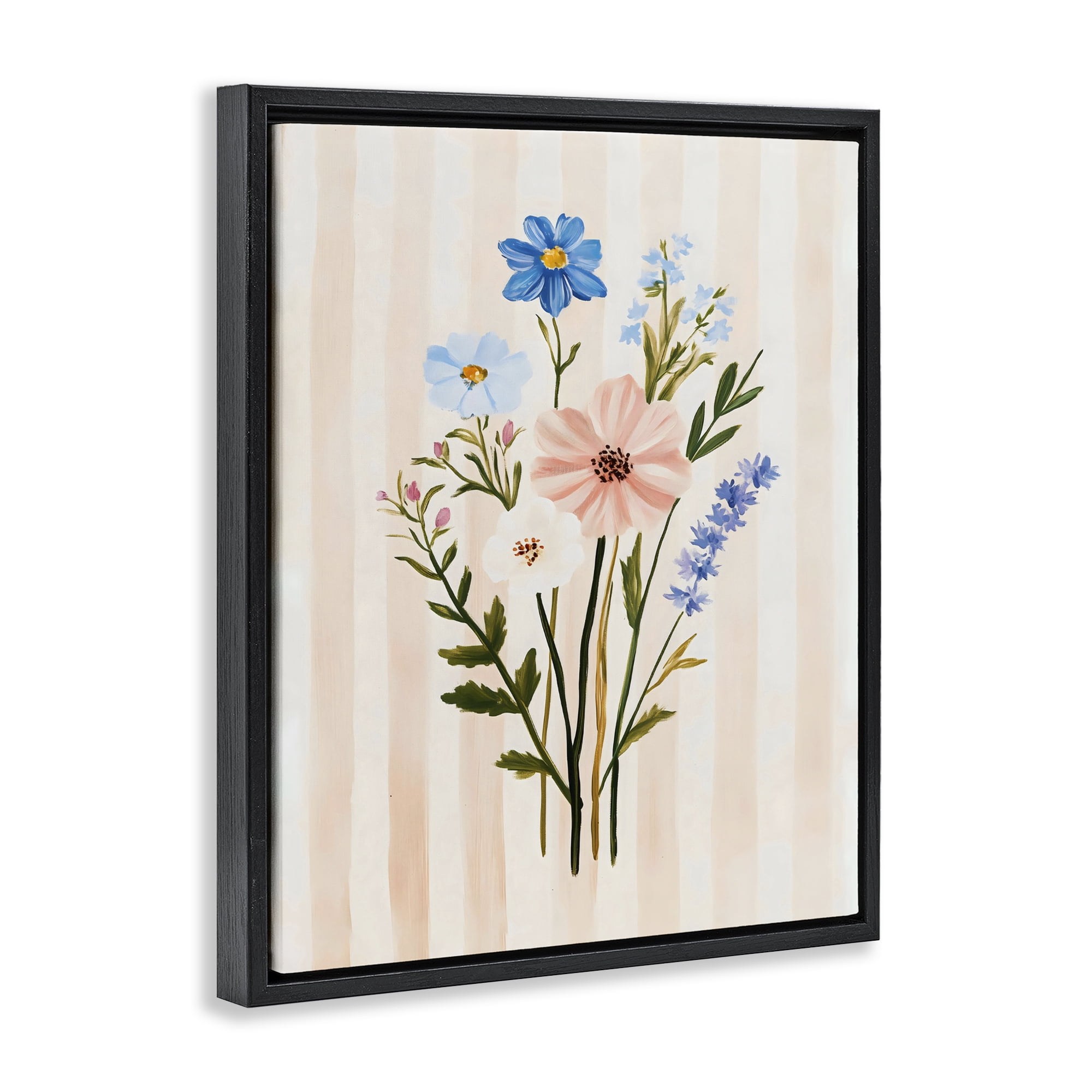 Stupell Industries Cream Stripe Florals Black Framed Floater Canvas Wall Art, design by The Prints Vibe