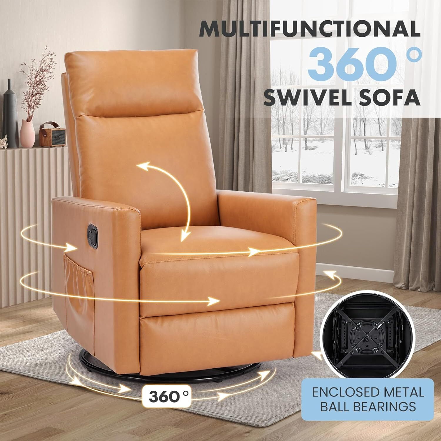 AENKYO Recliner Chair Swivel Rocking for Living Room, Glider Rocker with Extra Large Footrest - Brown
