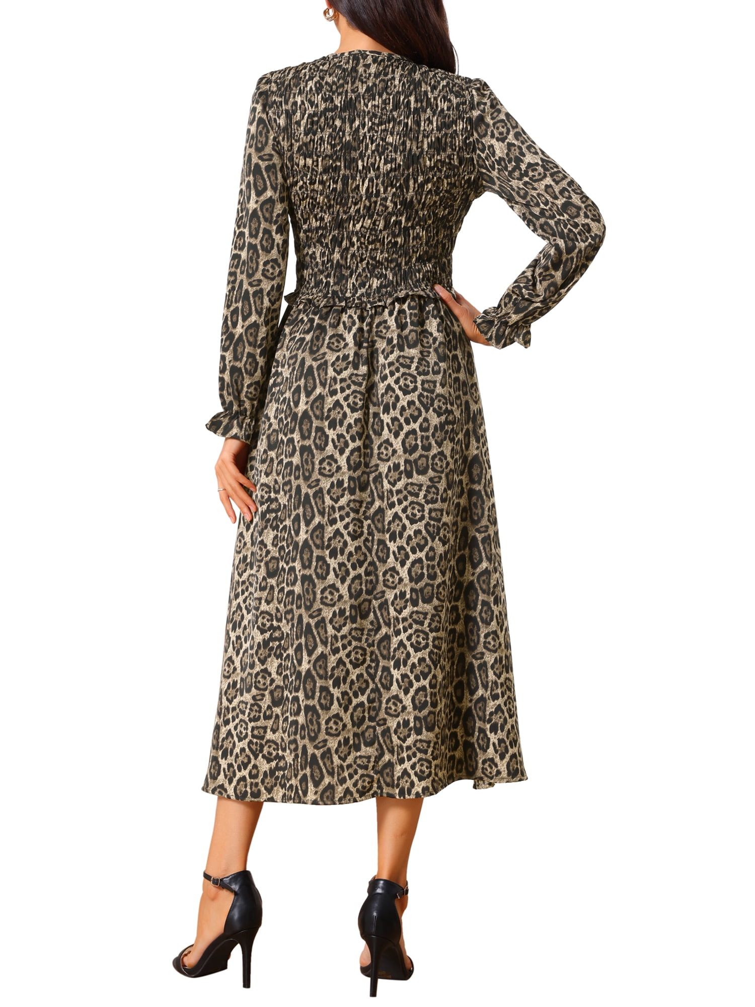 DARING DIVA Women's Leopard Print Long Sleeve Ruffle Tie Dress S Brown