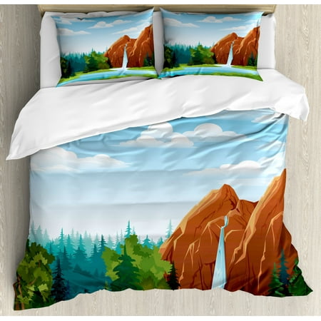 Teal and Lime Green Bedding Sets Lake Forest Duvet Cover Set  Waterfall Mountain and Tree 