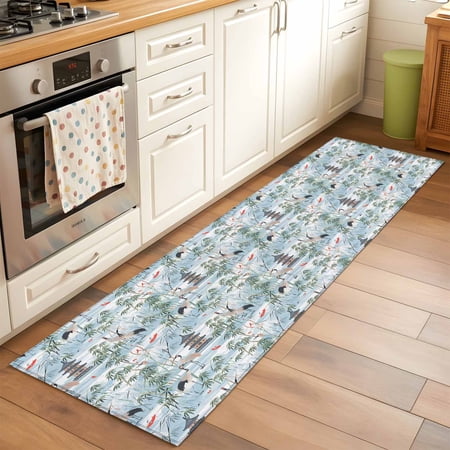 Kitchen Runner Rug Chinese Style Tower Leaf Crane Runner Rugs for Bedroom Hallway Entryway Stair, Chinoiserie Blue Gradient Washable Area Rug Non-slip Floor Carpet 2x6ft