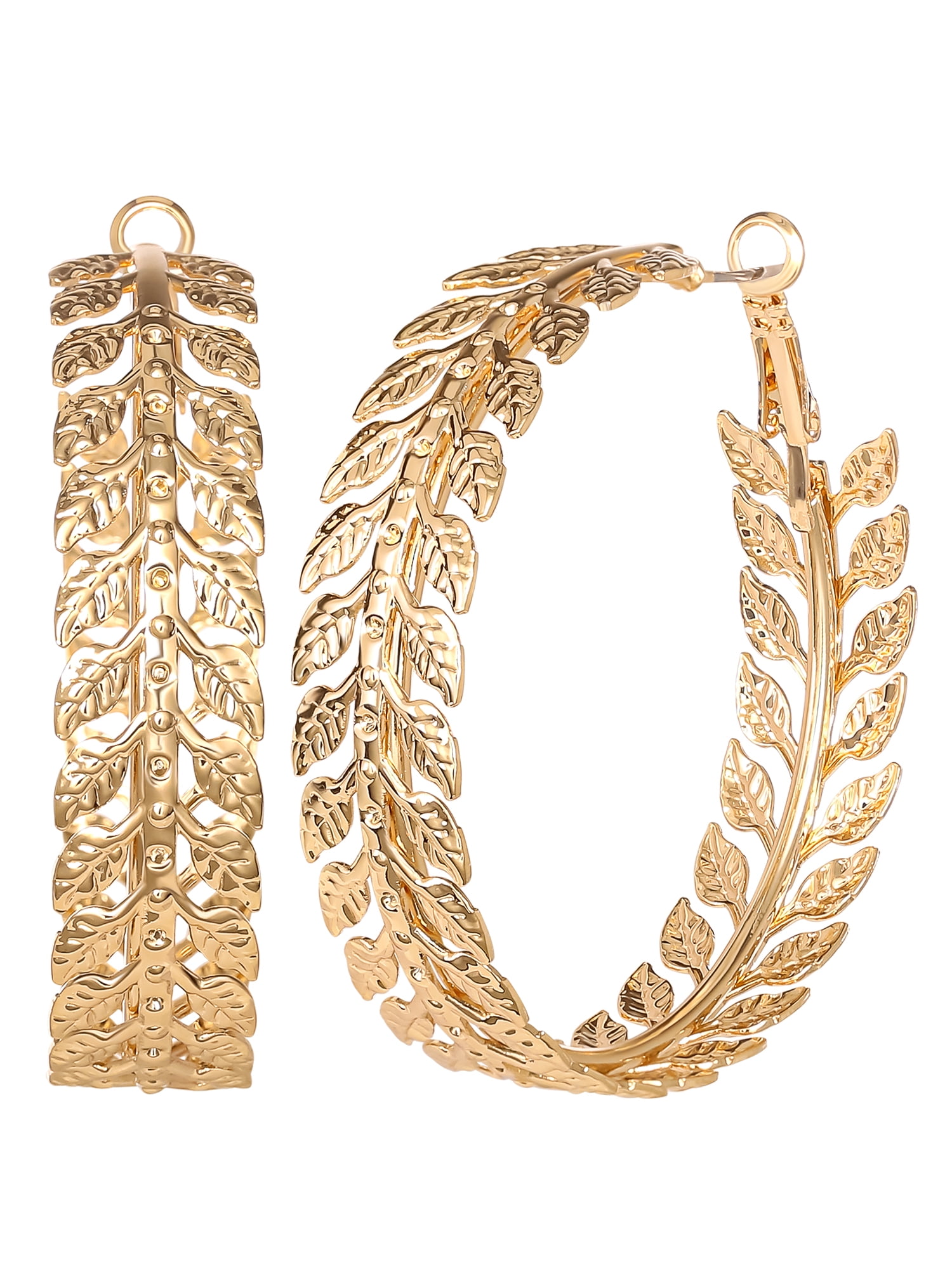 Jessica Simpson Large Gold Hoop Earrings for Women - Open Hoops - Leaf Design
