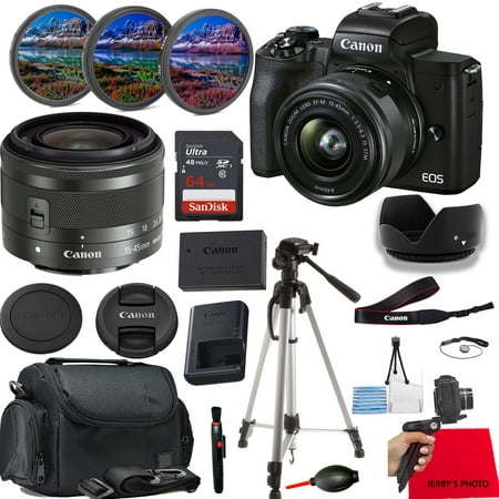 Canon EOS M50 Mark II Mirrorless Camera Bundle - Includes 15-45mm IS STM Lens, Tripod, 64GB Memory Card, Carry Case/Bag, Cleaning Kit 3-Piece Filter Set + More