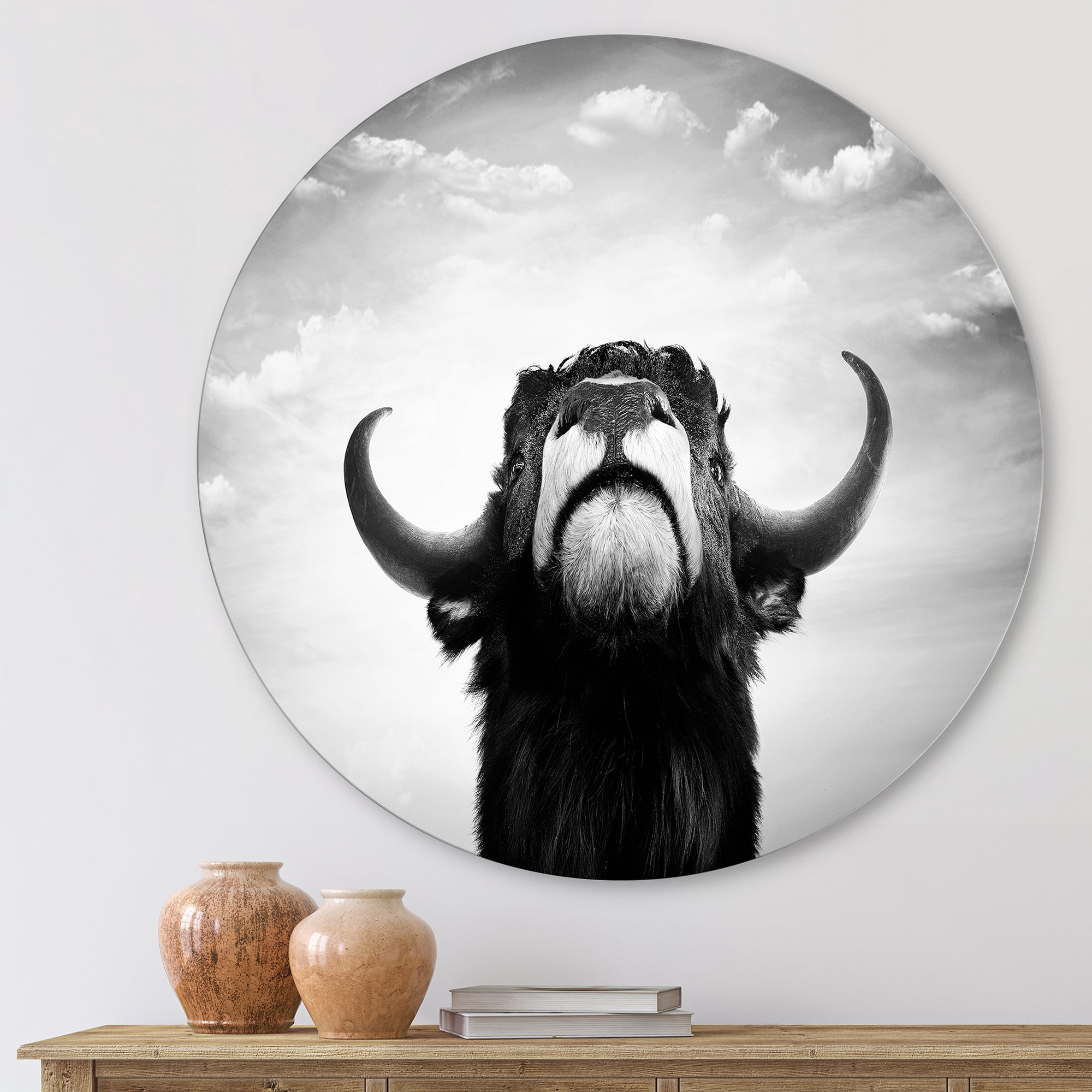 Designart 'Black and White Portrait Of A Spanish Bull I' Farmhouse Circle Metal Wall Art 23x23 - Disc of 23