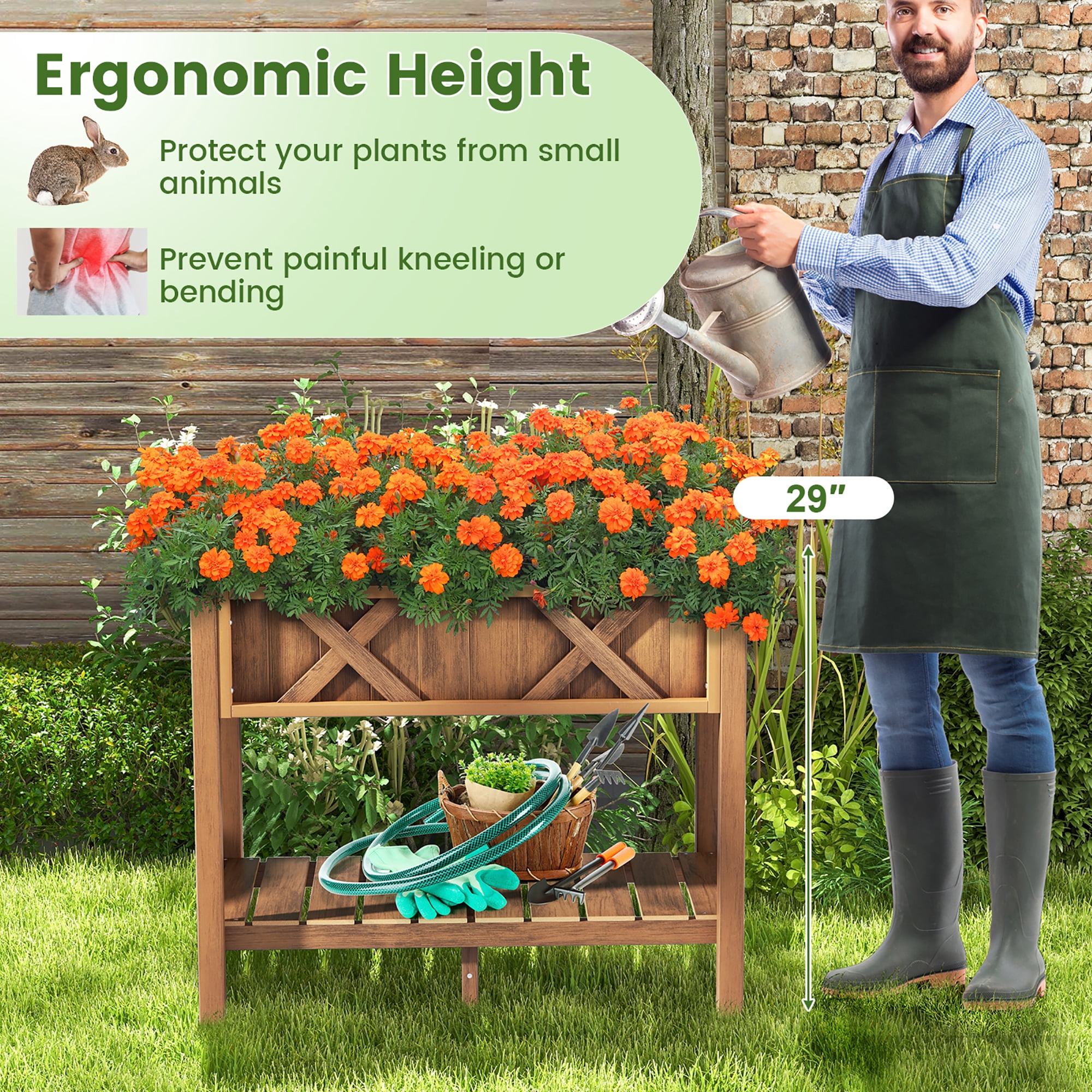 Gymax HIPS Raised Garden Bed Poly Wood Elevated Planter Box w/ Legs & Storage Shelf Coffee