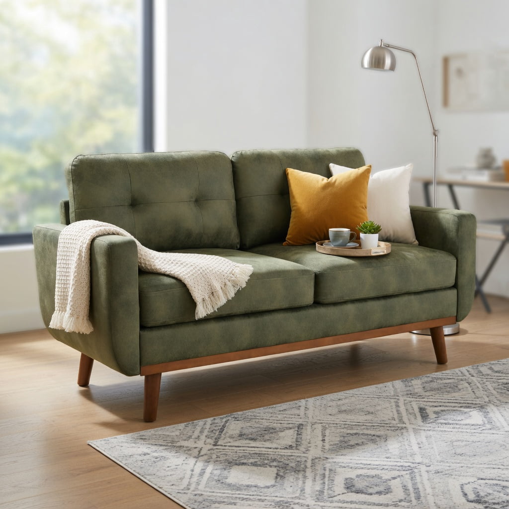Hommoo 65" Mid-Century Modern Two-Seater Sofa, Breathable Polyester Fabric, Solid Wood Legs, Tool-Free Assembly, Olive Green