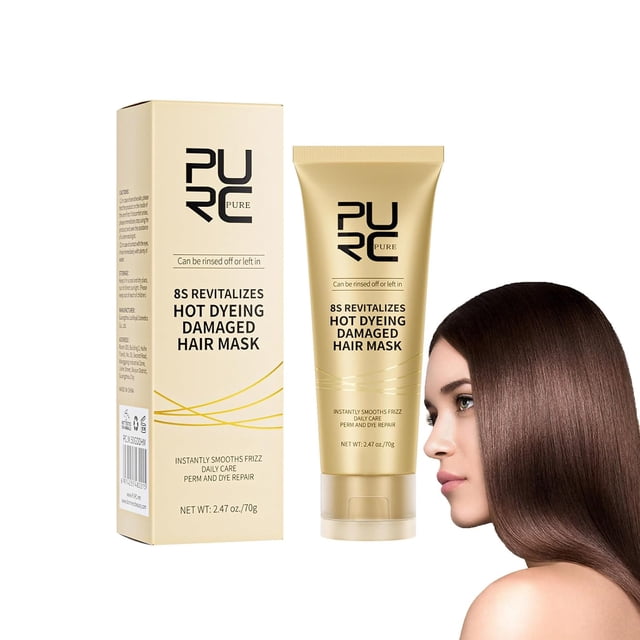 hair mask - 8s revitalizes hot dyeing damaged hair professional keratin treatment instantly smooths frizz daily care perm and dye repair conditioner - 70 ml gold-beige tube and matching box front view labeled with product name and 70 ml net content; profile of a woman with long smooth brown hair on white background; según la ficha contiene extractos botánicos como aceite de argán y aceite de aguacate; a menudo se usa como acondicionador intensivo para cabello teñido.