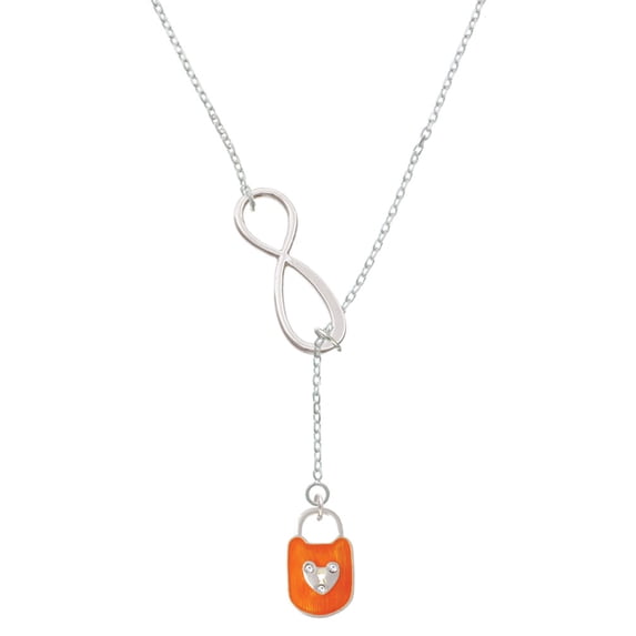 Delight Jewelry Hot Orange Enamel Lock with Clear Crystals Silver tone Elegant Infinity Lariat Necklace