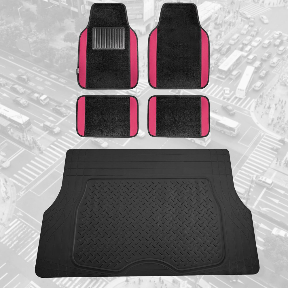 FH Group, Pink Black Carpet Floor Mats Combo w/ Rubber Trunk Cargo