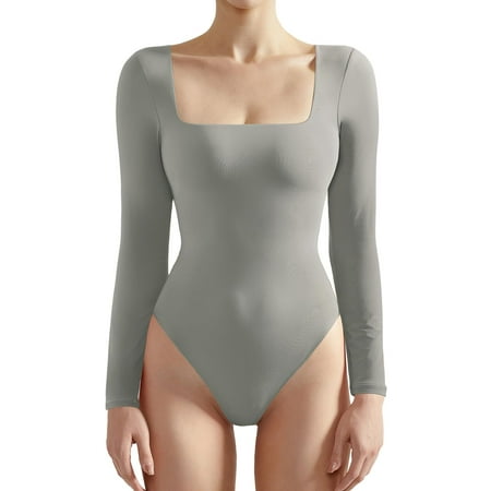 Women Long Sleeve Bodysuit Sexy Square Neck Thong Body Suit Shirts Top for Fall and Winter (White  S) C