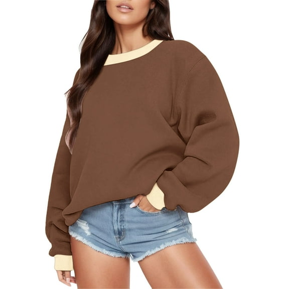 ShomPort Women's Crewneck Oversized Sweatshirt Casual Comfy Long Sleeve Color Block Pullover Tops (Brown)