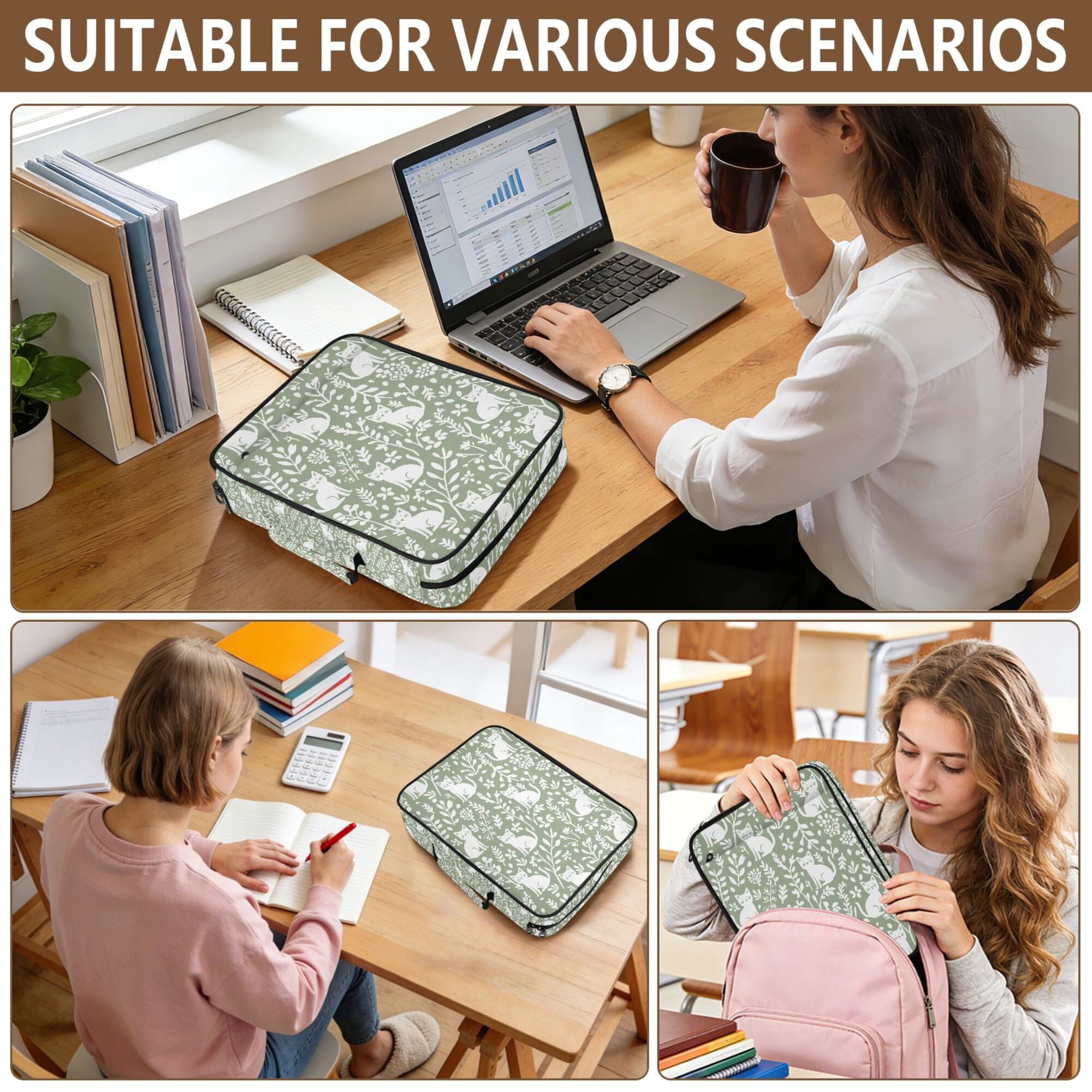 FORMRS Accordion File Folder A4 Size 7-Pocket Expanding Document Organizer Bag with 3 Ring Binder, Green Floral Cat Pattern