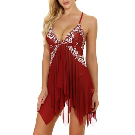 

KDDYLITQ Women s Chemise Sexy Lingerie Mesh Plus Size Babydoll Nightdress V Neck Outfits Deep Red XXXL