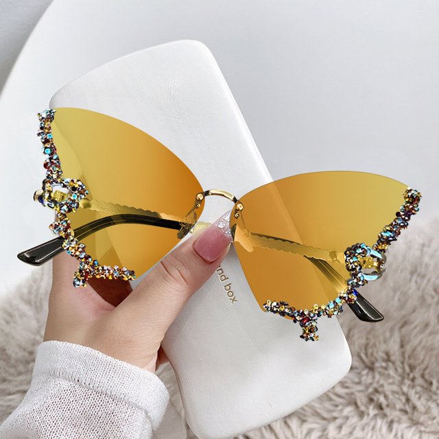 Gafas de sol de mariposa de cristal sin marco para mujer, gafas de sol sin montura, gafas de marca Vintage, gafas de diamantes brillantes, diseñador de lujo qiuyongming unisex