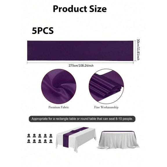 5PCS Dark Purple Satin Table Runner 30x275cm Elegant Wedding Party Dining Table Decor