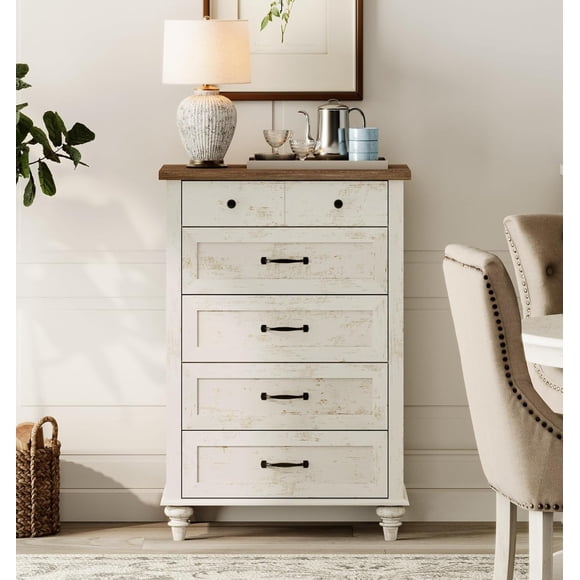 Antique White Dresser for Bedroom with 5 Drawers, Small Kids Dressers with Wide Chest of Drawers, Farmhouse Wooden Closet Storage Organizer, Tall Dresser for Nursery, Living Room, Hallway