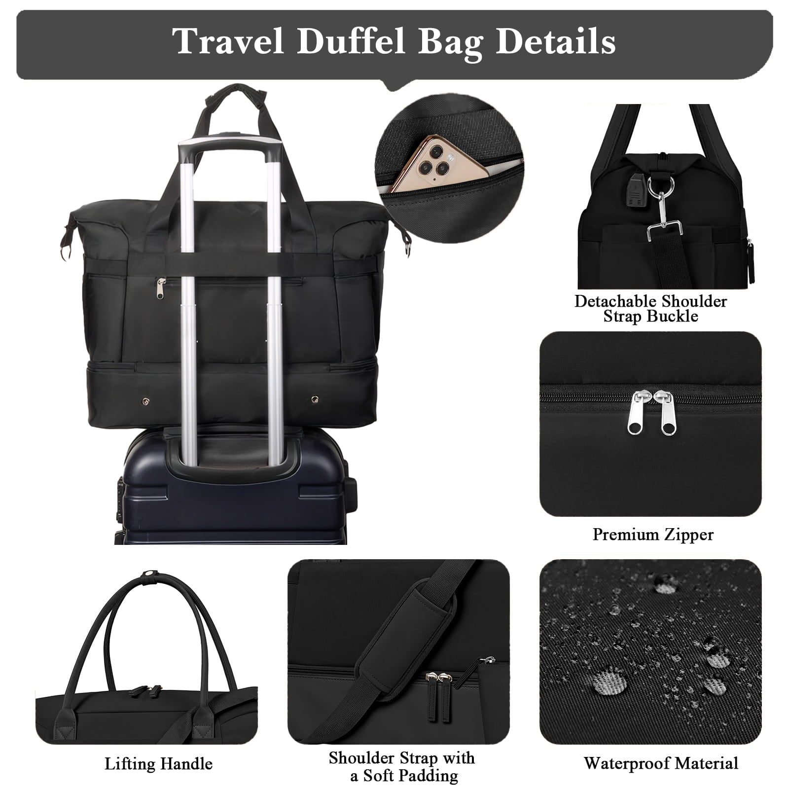 DAKIMOE Travel Duffel Bag for Women Gym Bag with USB Charging Port Large Weekender Overnight Bag Yoga Duffle Bags with Wet Pocket and Shoes Compartment, Black