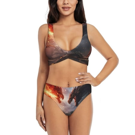 Zeuib Fire Sky Dragon High Waisted Tummy Control Bikini Set - Knot Front Push Up Top & Cheeky Thong Bottom  Two-Piece Swimsuit for Women-X-Large