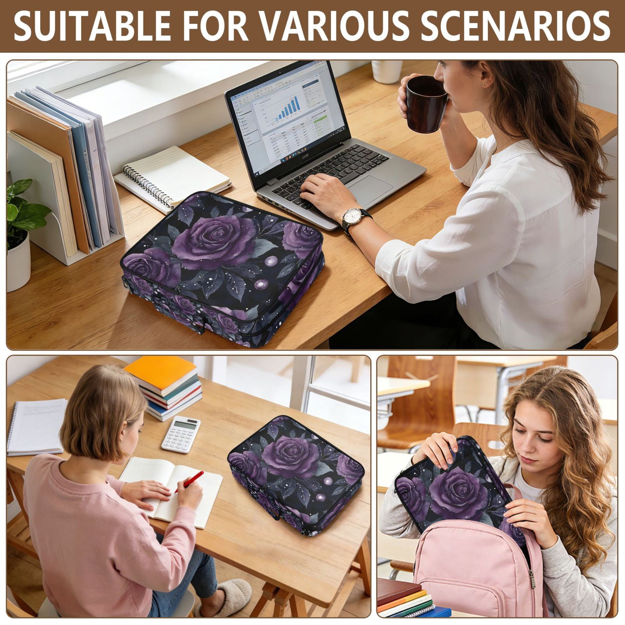 FORMRS Accordion File Folder A4 Size 7-Pocket Expanding Document Organizer Bag with 3 Ring Binder, Roses and Pearls