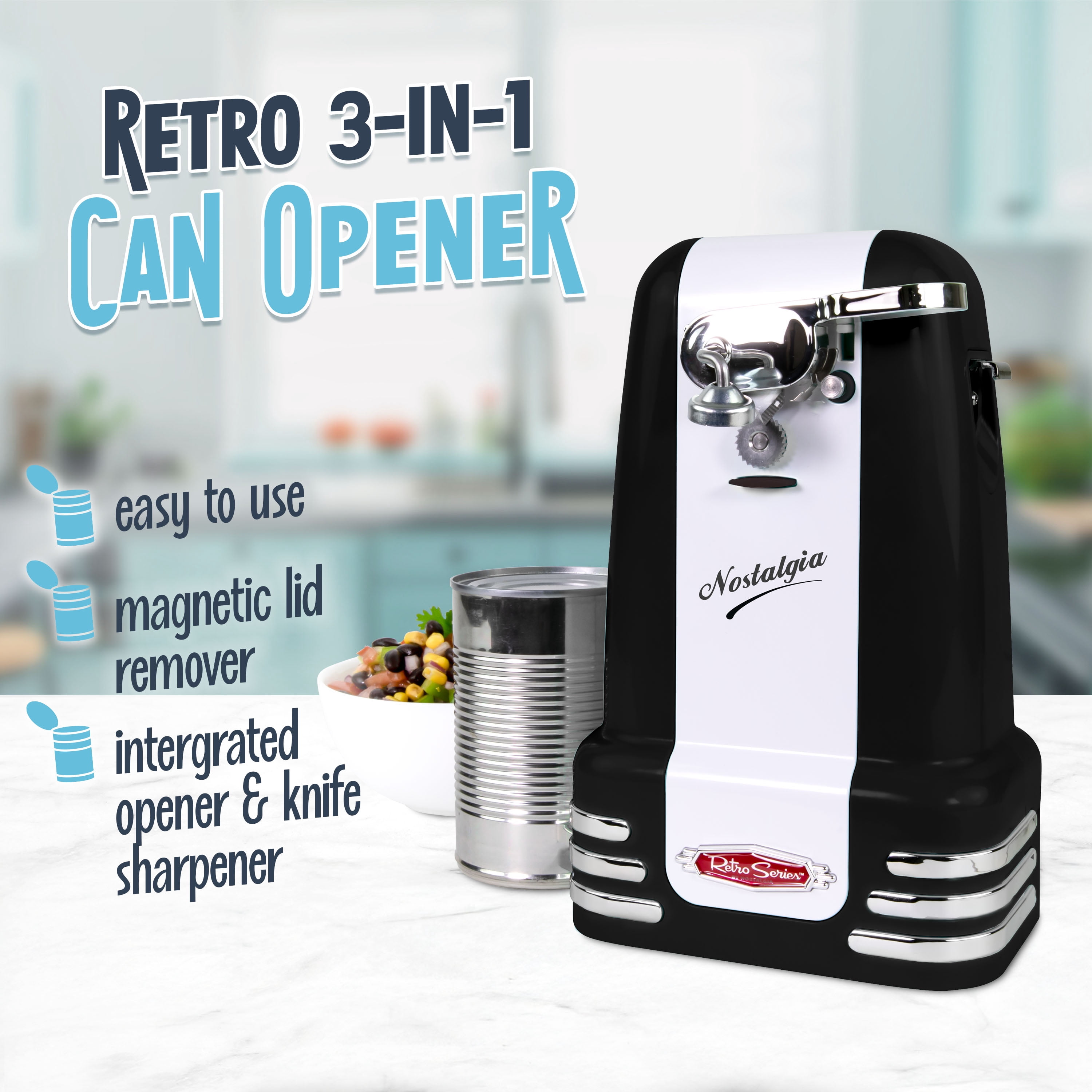 Nostalgia Retro Can Opener, Electric Can Opener with Built-in Knife Sharpener and Bottle Opener, Black