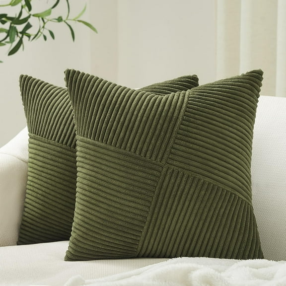 Olive Green Decorative Throw Pillow Covers Set of 2 18x18 Inches for Couch Bed Sofa, Boho Aesthetic Home Decor, Soft Corduroy Striped Patchwork Windmill Textured Cushion Cases 45x45 cm