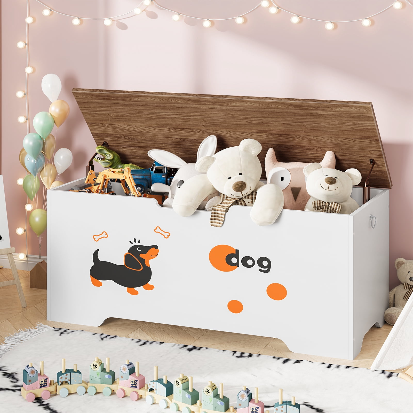 HOOBRO 47.2" Farmhouse Storage Bench with Puppy Pattern & Safety Hinges, White and Walnut