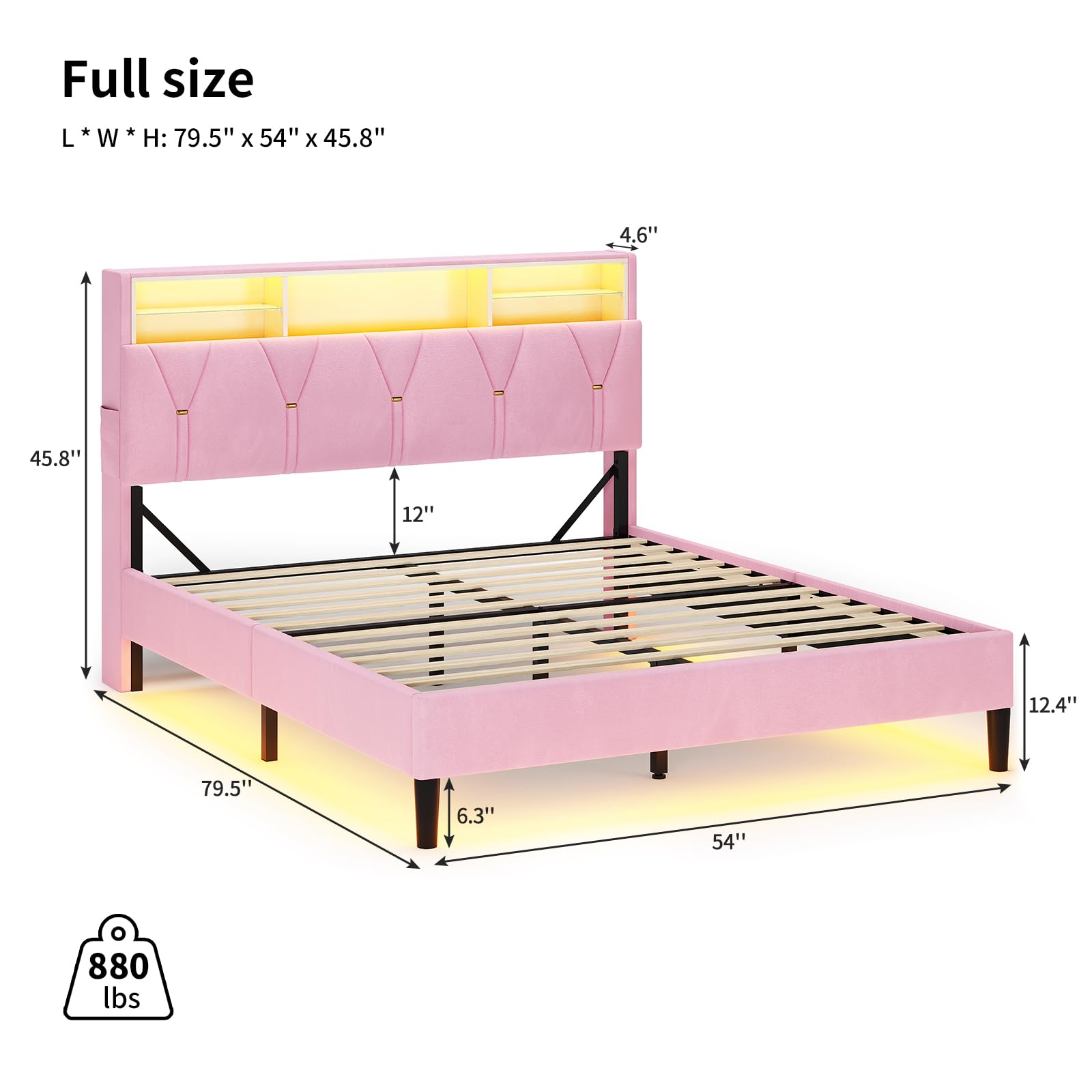Princess Full Size Platform Bed Frames with Storage Headboard,Power Outlet, Modern Velvet Upholstered Girls Bed with LED Lights and Storage Shelves,No Box Spring Needed,Noise-Free,Easy Assembly, Pink
