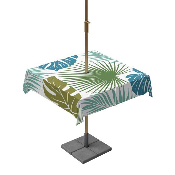 Outdoor Tablecloths with Umbrella Hole & Zipper, Sage Green Teal Palm Leaves 54x54 Inch Square Tablecloths, Tropical Botanical Summer Waterproof Table Cloth, Patio/Pool/Picnic Table Covers