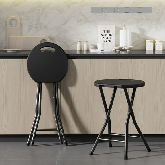 VECELO Set of 2 Counter Bar Stool, Backless 18 in. Portable Folding Stool with 220lb, Kitchen Island Stool with Built-in Handle & Metal Frame, Black