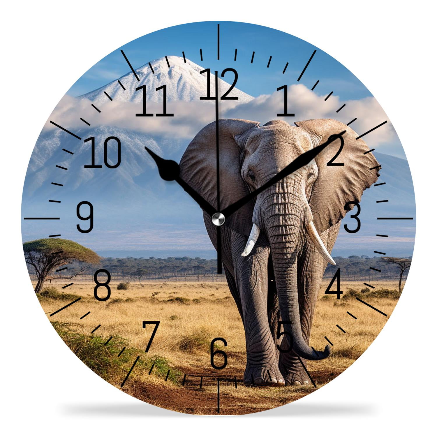 erolrail Rustic Wall Clock,Silent Non Ticking Wall Clocks for Living Room,Bedroom,Kitchen 12IN Elephants on Mount Kilimanjaro Drawing