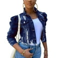 thumbnail image 1 of ITFABS Women's Ripped Denim Jacket, Long Puff Sleeve Button Down Jean Coats, 1 of 5