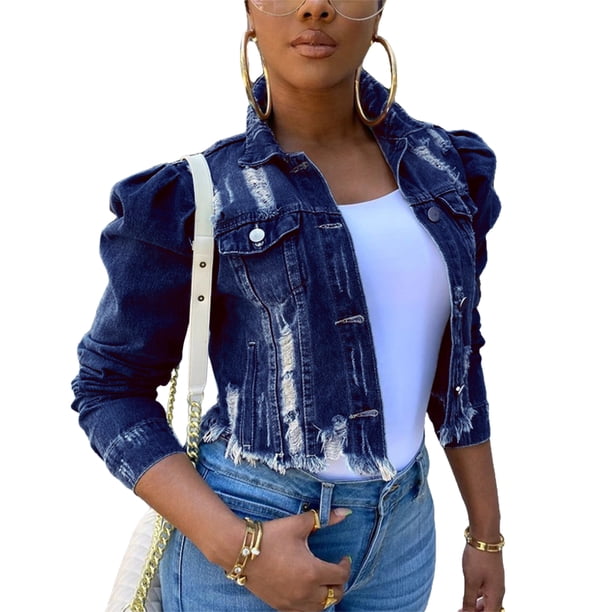 SAYOO Chaqueta de vaquero de agujero roto para mujeres SAYOO moda