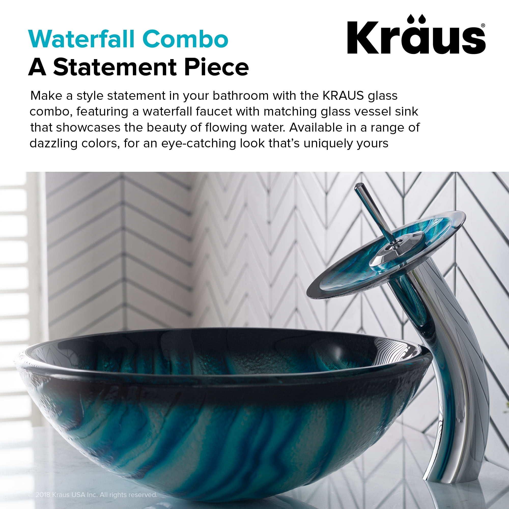 KRAUS Nature Series Blue Glass Bathroom Vessel Sink and Waterfall Faucet Combo Set with Matching Disk and Pop-Up Drain, Chrome Finish