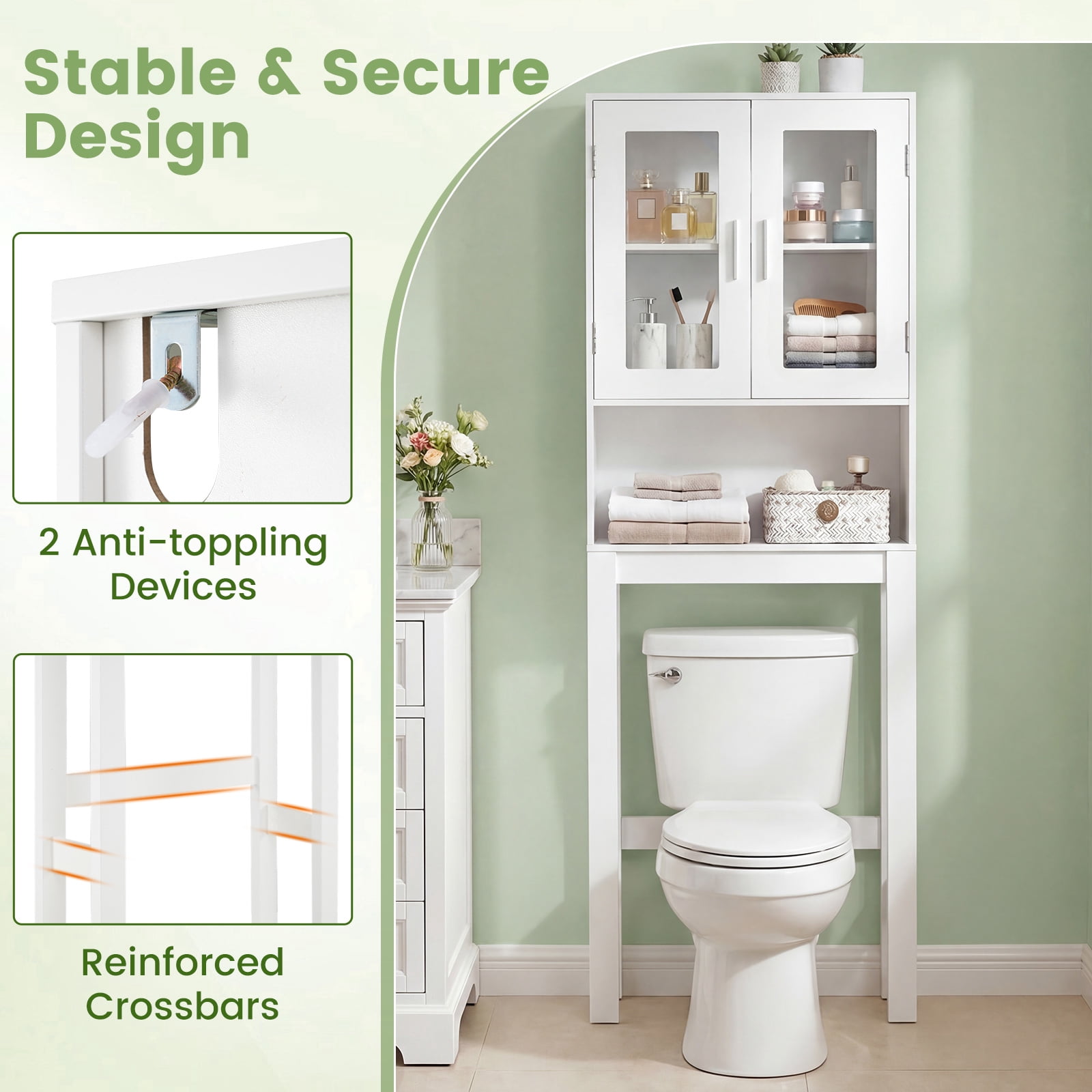 Giantex Wooden Over The Toilet Storage Cabinet, Home Bathroom Space Saver, Double Doors, Adjustable Shelf Organizer, Open Storage Shelf, Freestanding Toilet Storage Rack Unit