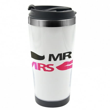 

Wedding Travel Mug Lips Moustache Mr Mrs Steel Thermal Cup 16 oz by Ambesonne